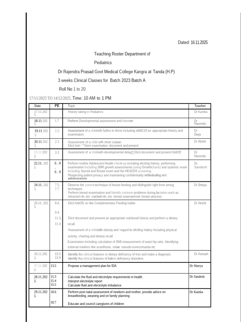 Clinical Roster 2023 Batch A Paeds | PDF | Patient | Health Care