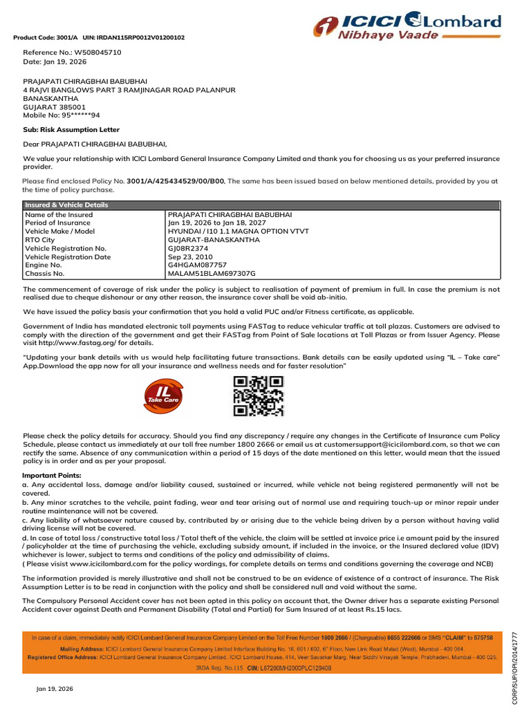 Sub: Risk Assumption Letter | PDF | Insurance | Pro Rata