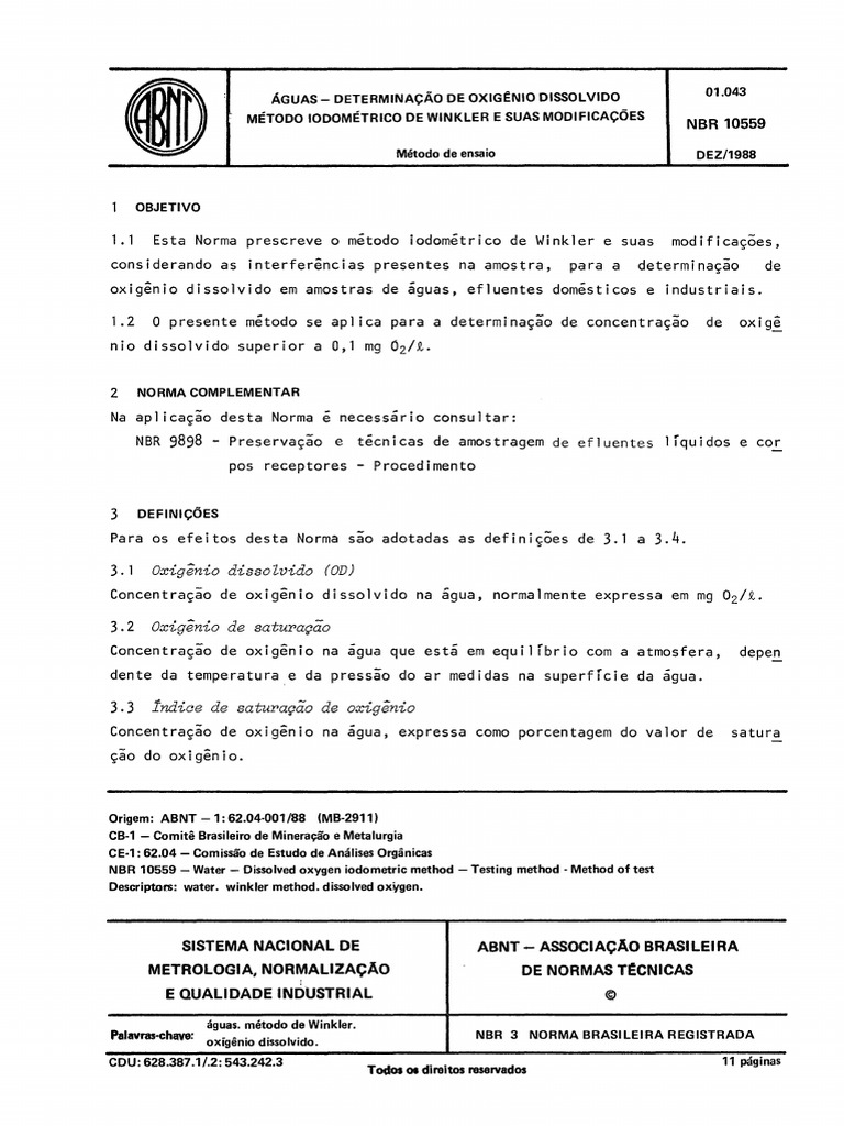 NBR 10559 - Determinação de Oxigênio Dissolvido - Método Iodométrico de ...