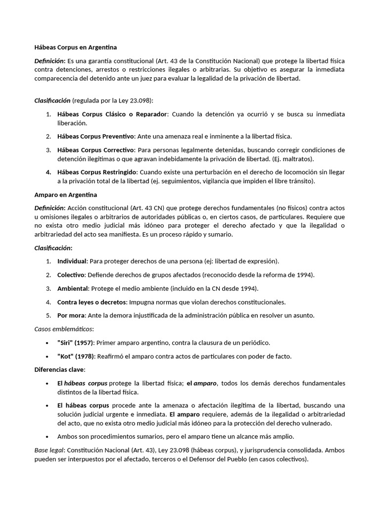 Hábeas Corpus y Amparo en Argentina | PDF | Habeas corpus | Gobierno