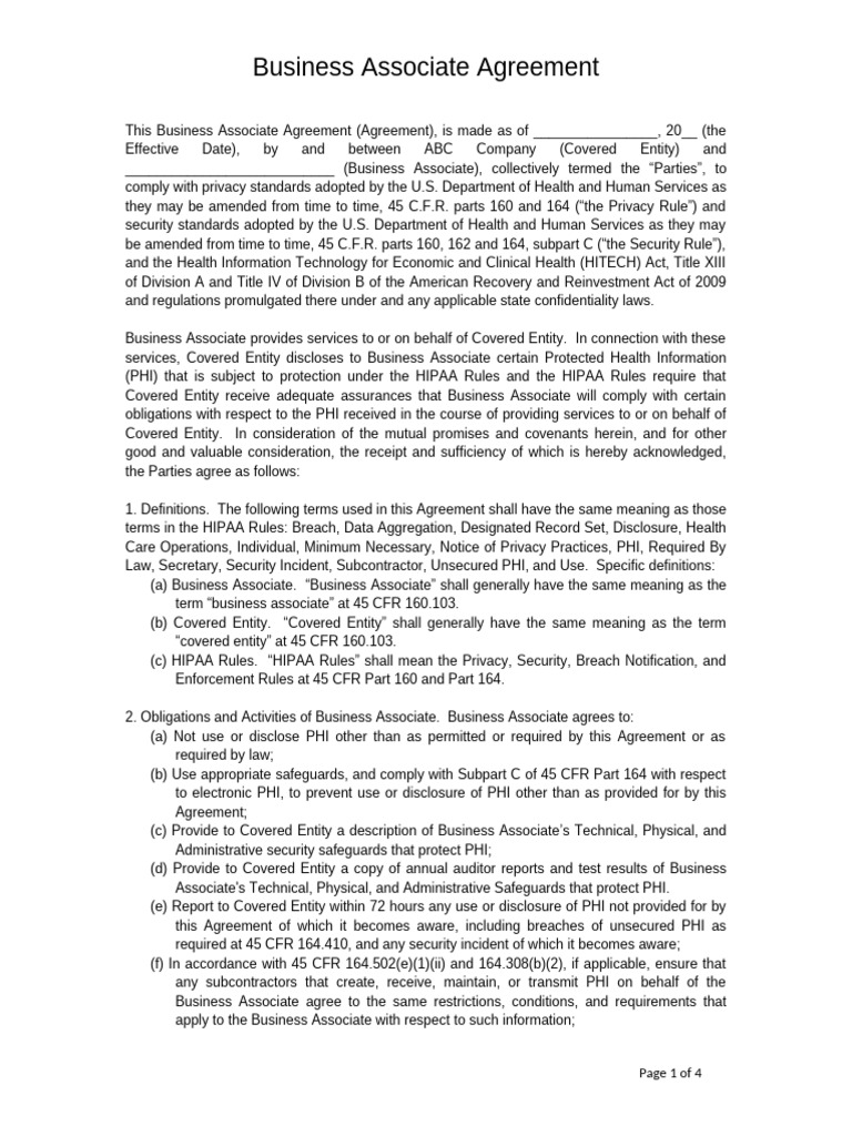 Agreement - Business Associate Agreement | PDF | Health Insurance ...