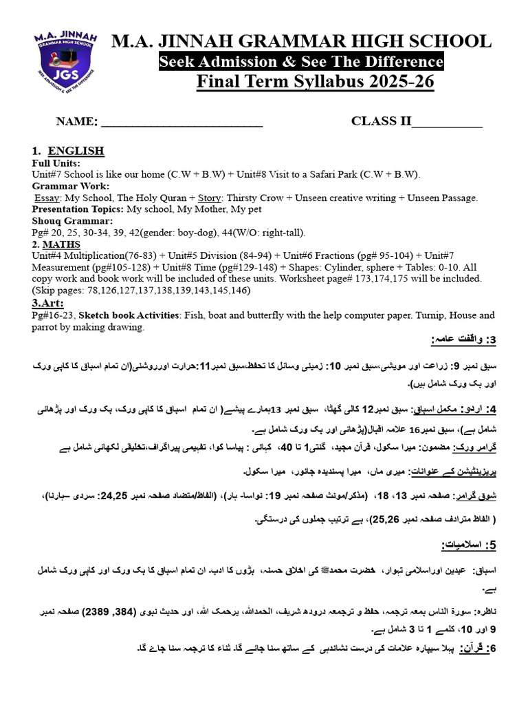Class 2 Final Term Syllabus 2025-26 | PDF