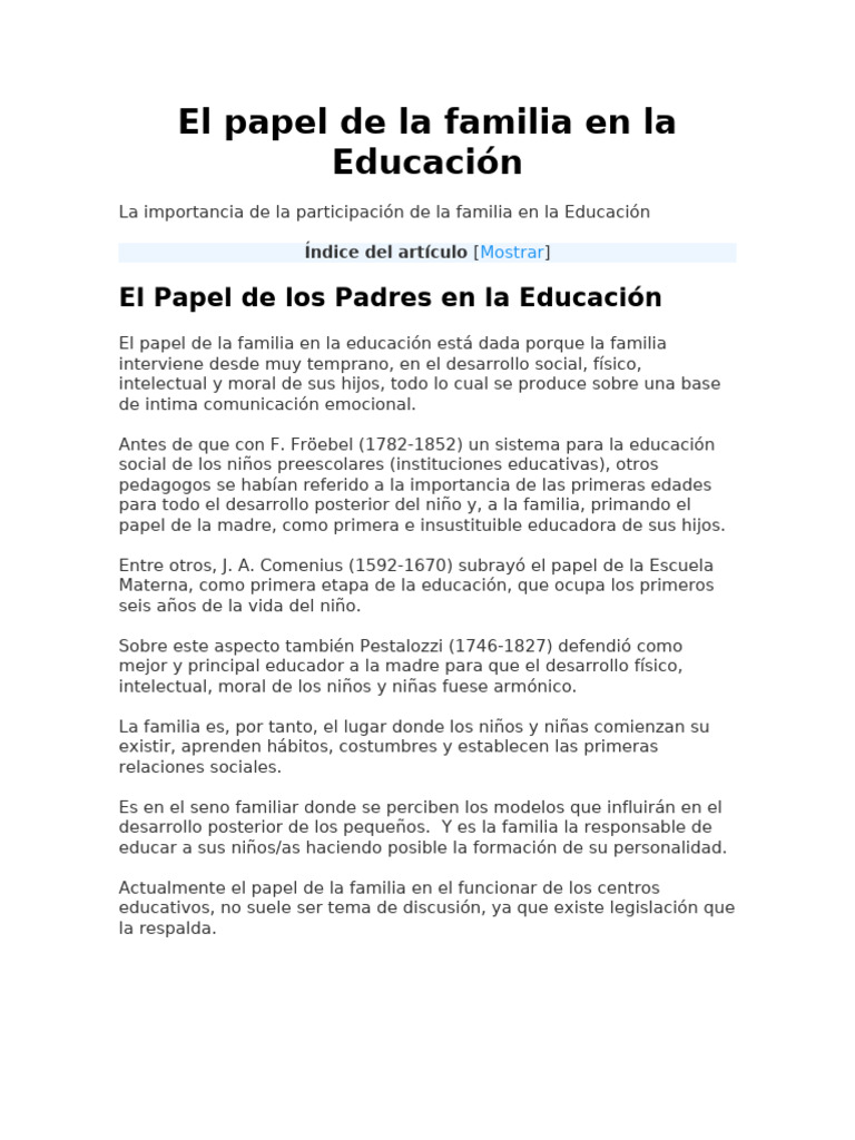 El Papel de La Familia en La Educación | PDF | Educación de la primera ...