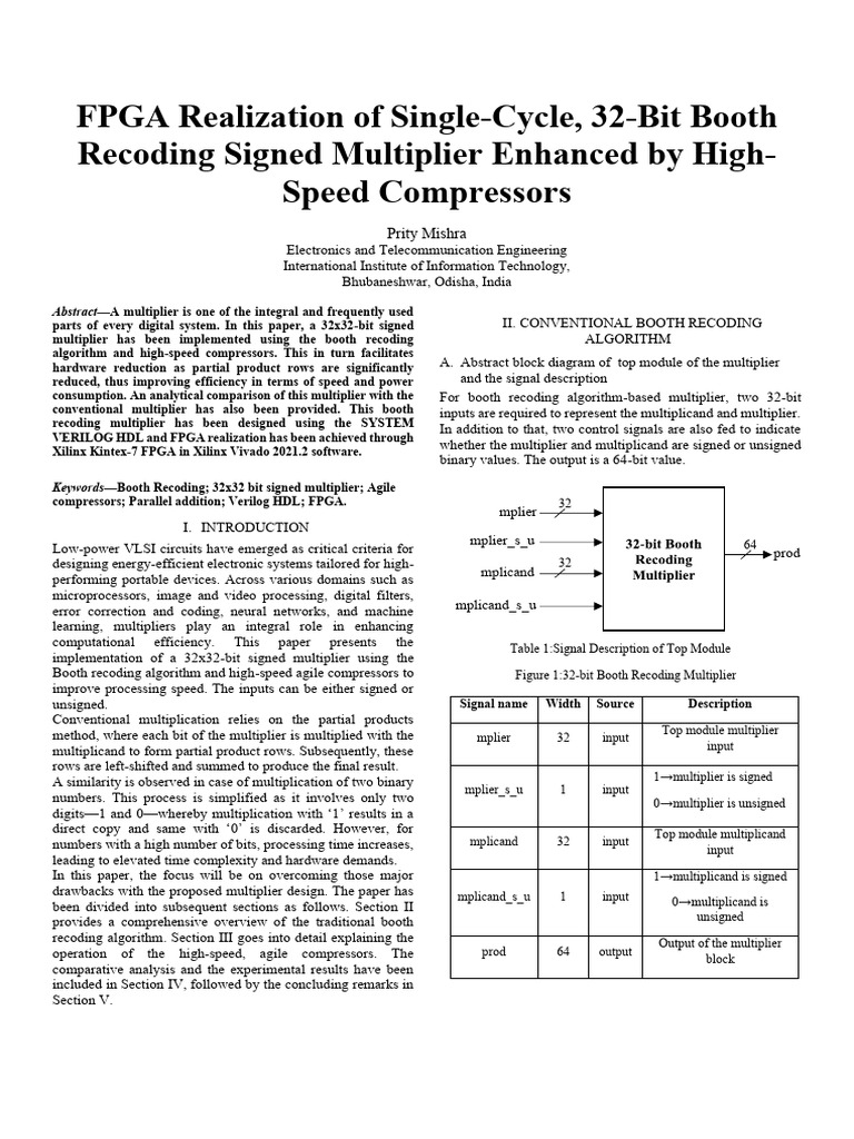 Fpga Realization of Single Cycle 32 Bit Booth Recoding Signed ...