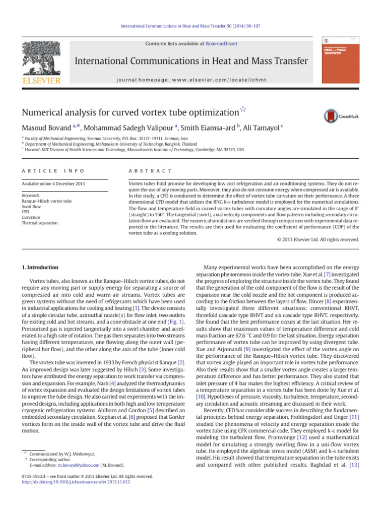 Bovand_Numerical Analysis for Curved Vortex Tube Optimization | PDF ...
