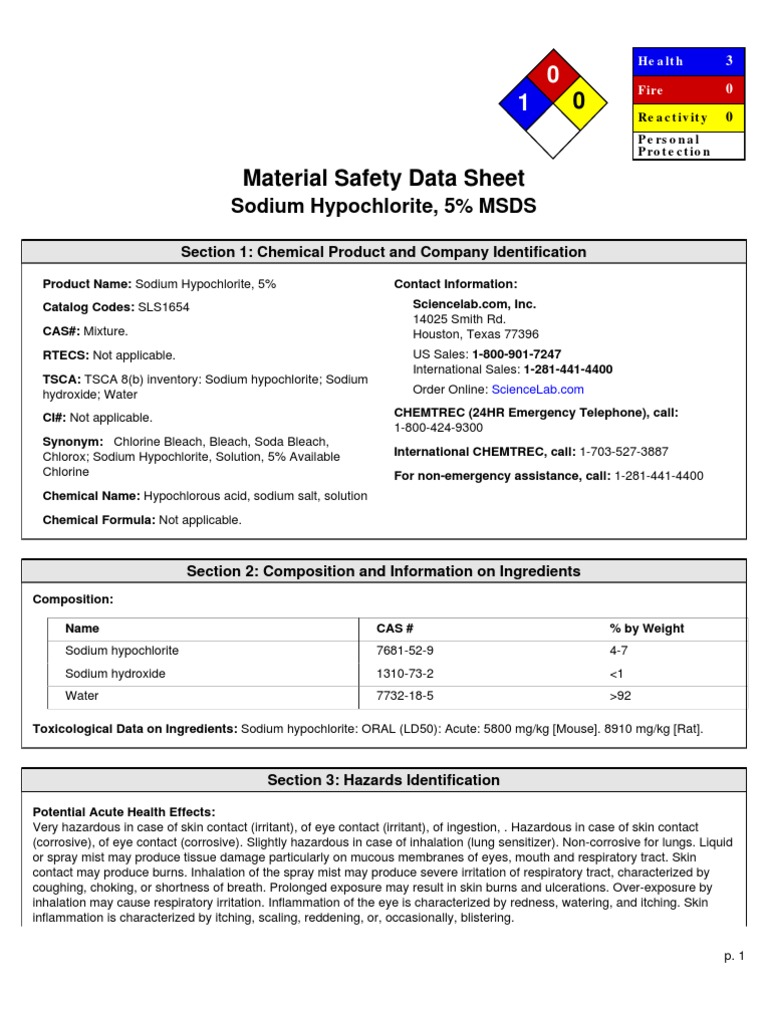 Sodium Hypochlorite Msds