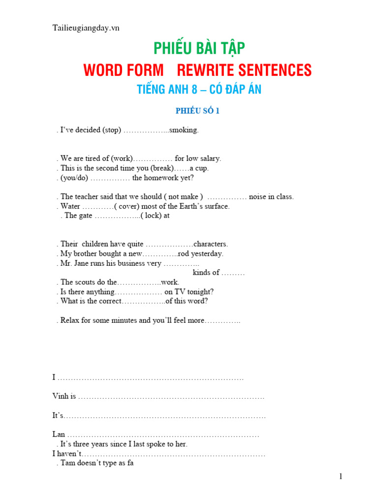Phiếu Word Form Rewrite Sentence Ta8-1720699446 | PDF