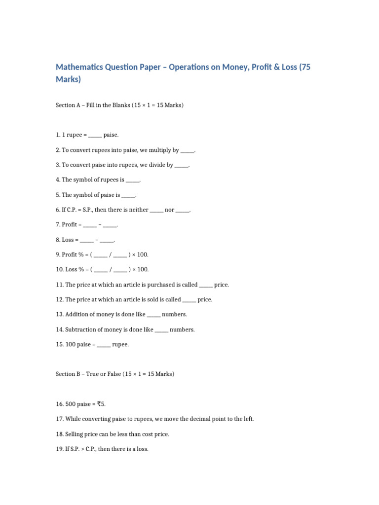 Maths Money Profit Loss 75Marks Question Paper | PDF | Subtraction ...