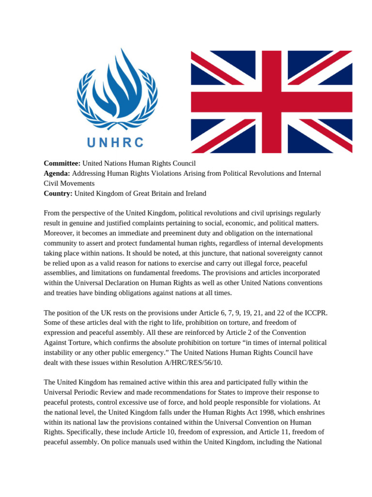 Position Paper Agenda1 United Kingdom Unhrc | PDF | Human Rights | Torture