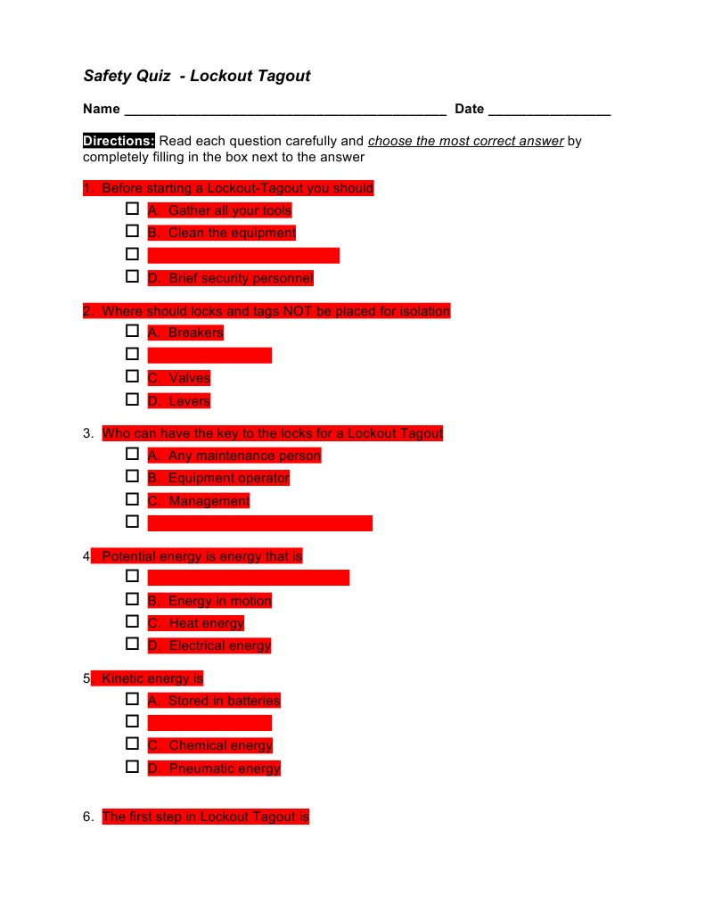 Safety Quiz Lockout Tagout Answer Key