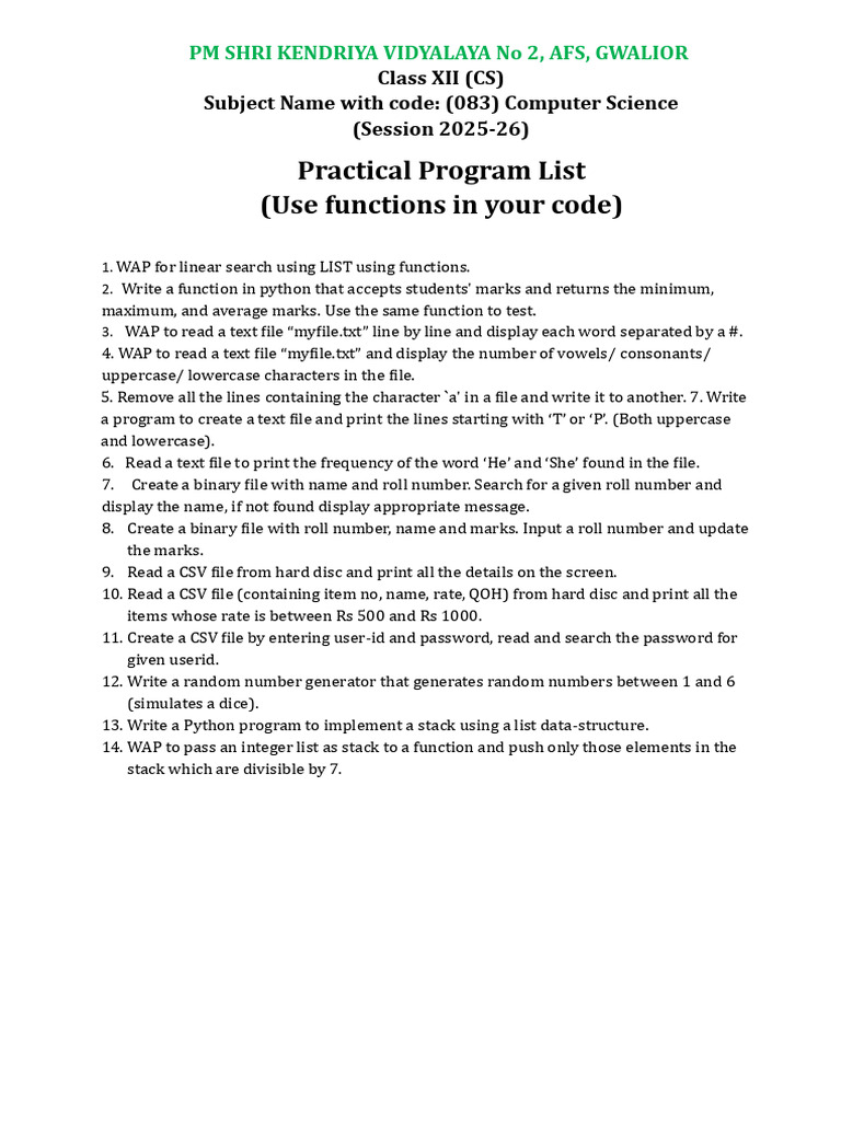 Class 12 Practical List 2025-26 | PDF | Data Management | Computer Data