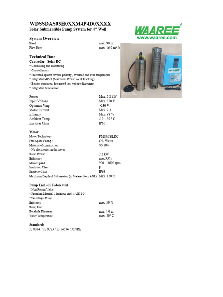 Data Sheet For v4 3 HP Solar DC Pump Set | PDF | Pump | Electric Motor