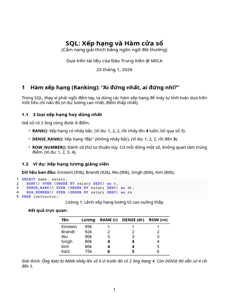 Hàm Xếp Hạng Và Cửa Sổ Trong SQL | PDF