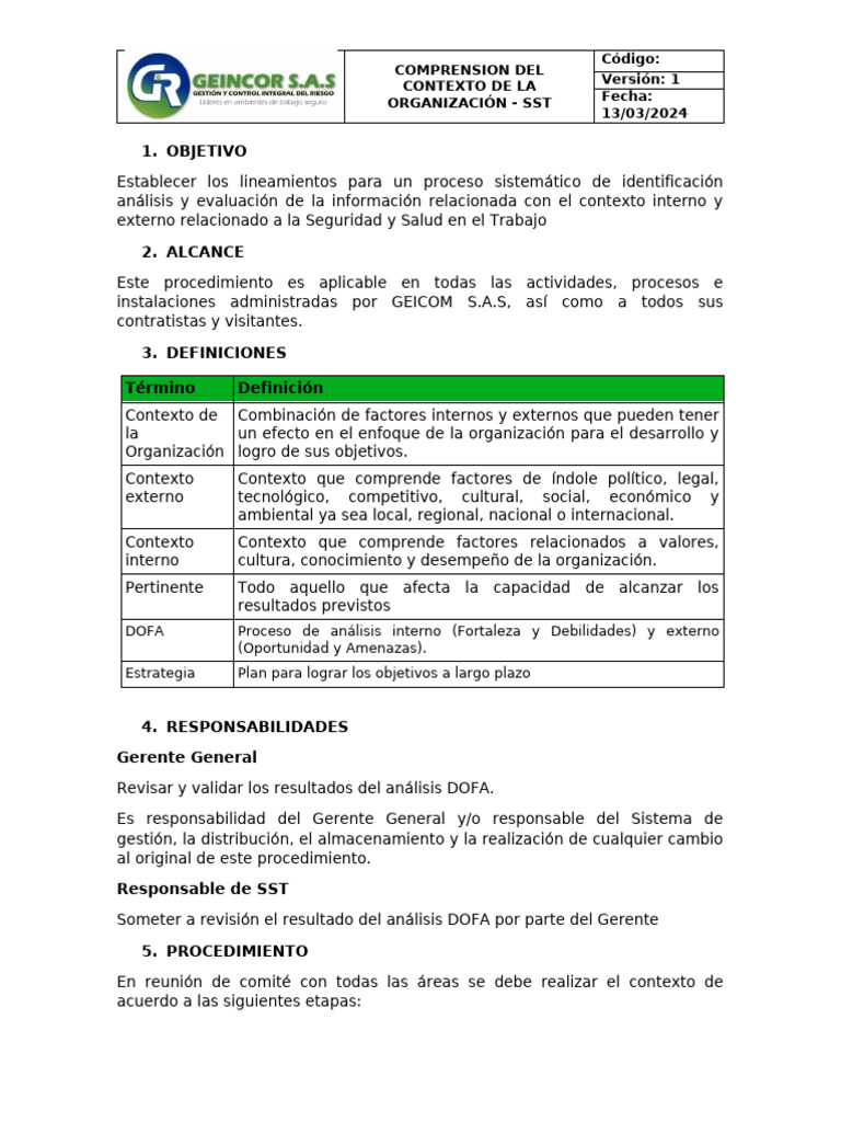 Procedimiento para La Comprension Del Contexto de La Organizacion | PDF ...