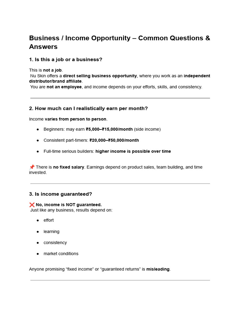 Business - Income Opportunity - Common Questions & Answers | PDF