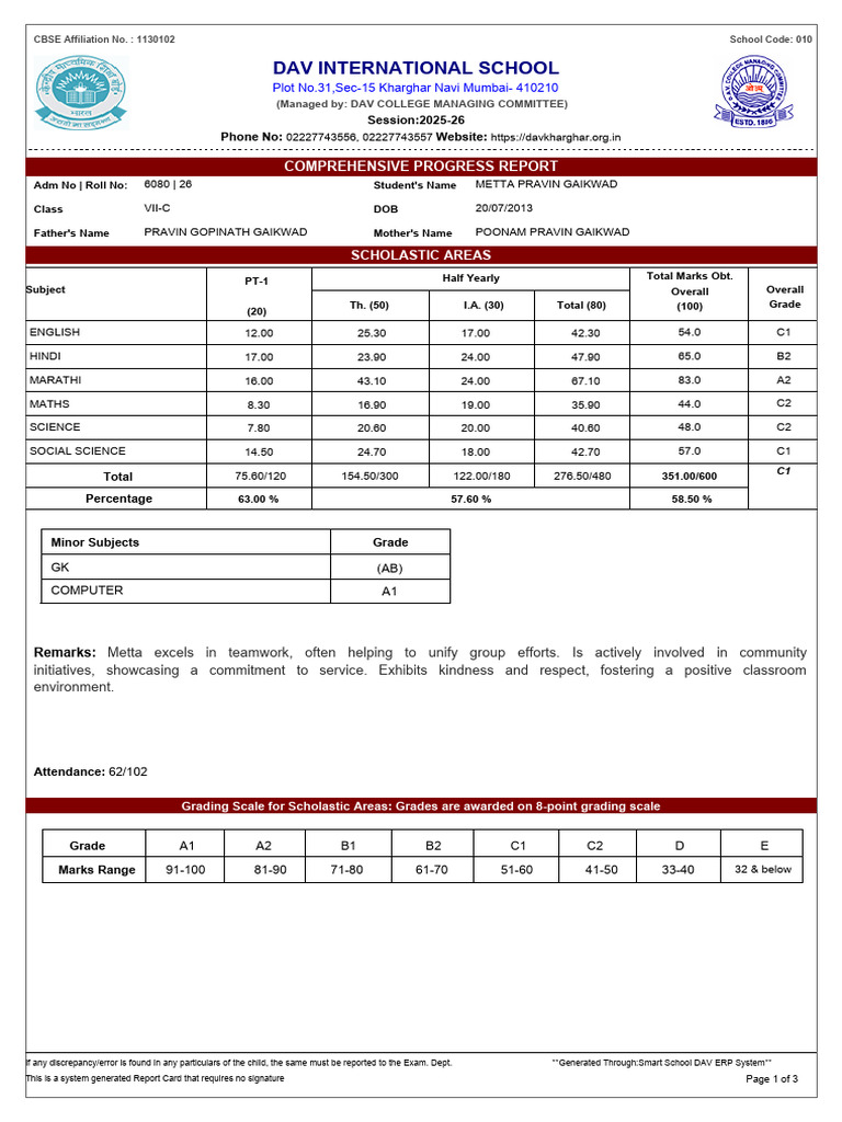 Dav International School: Comprehensive Progress Report | PDF ...