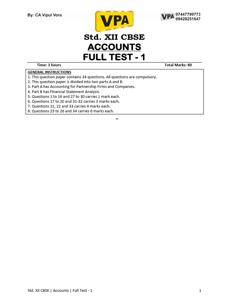 Xii Cbse Full Test - 1 | PDF | Balance Sheet | Expense