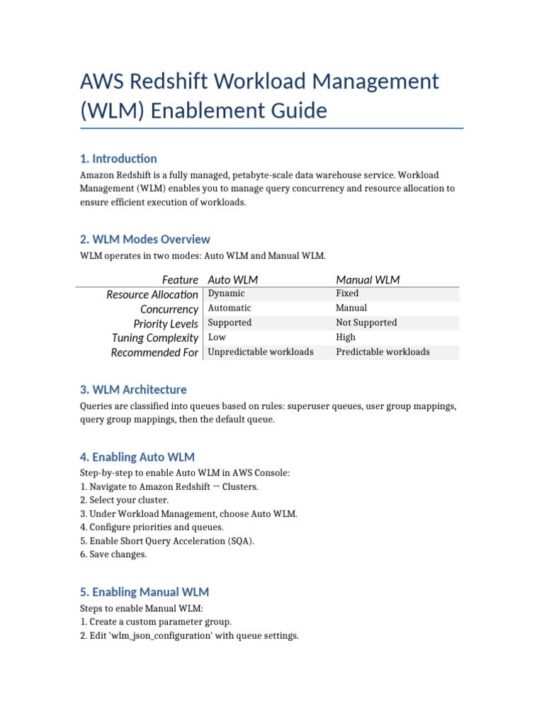 AWS Redshift WLM Enablement | PDF | Amazon Web Services | Computer Science