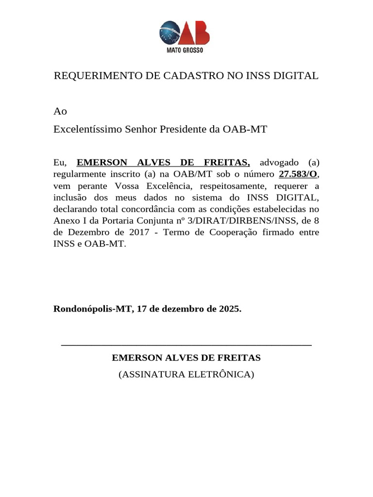 Inss Digital Oab MT Requerimento Cadastro | PDF