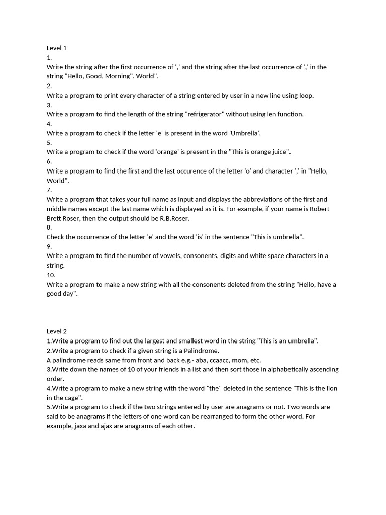 String Questions Level1 and Level 2 | PDF