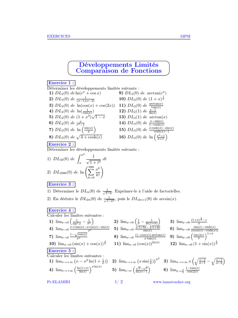 Exercices Dév Limités Et Compar de Foncts | PDF | Analyse mathématique ...