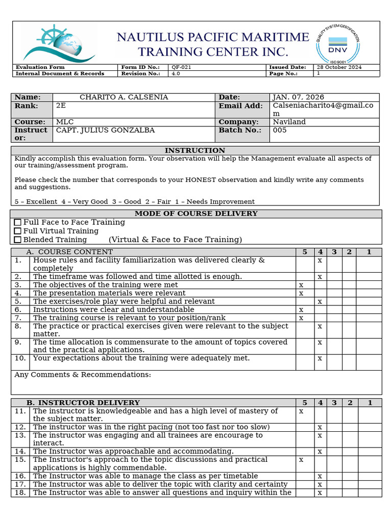 QF 021 Evaluation Form | PDF