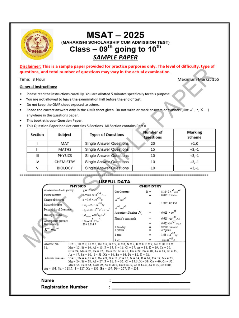 MSAT - Class - 09 Sample Paper (1) | PDF | Cell (Biology) | Gases