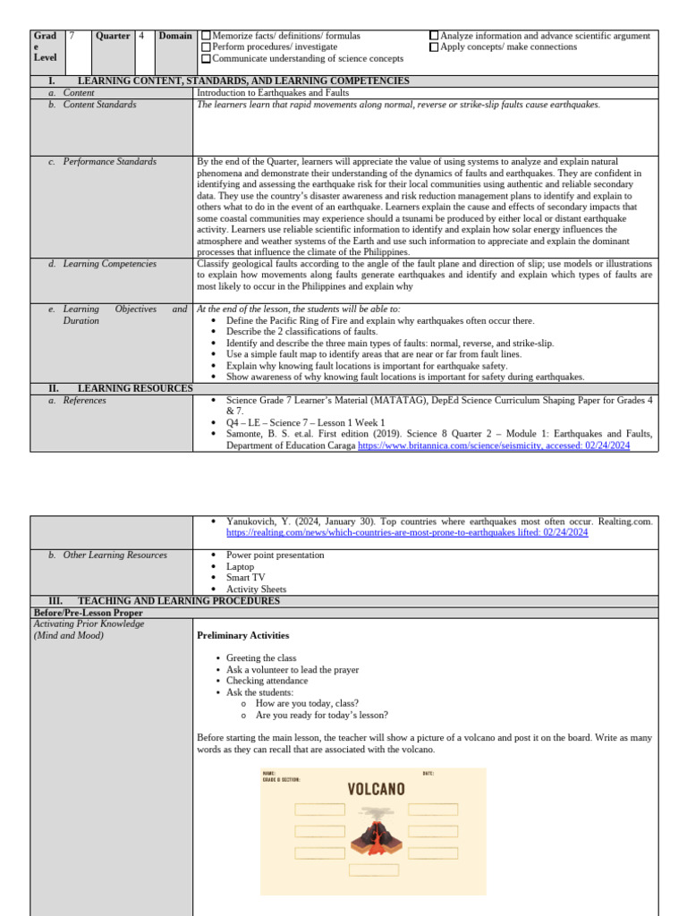 Marj - Matatag Lesson Plan Format L1 W1 | PDF | Fault (Geology ...