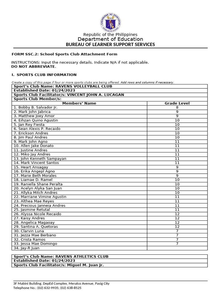 FORM SSC.2 School Sports Club Attachment Form v1 | PDF | Indoor Sports ...