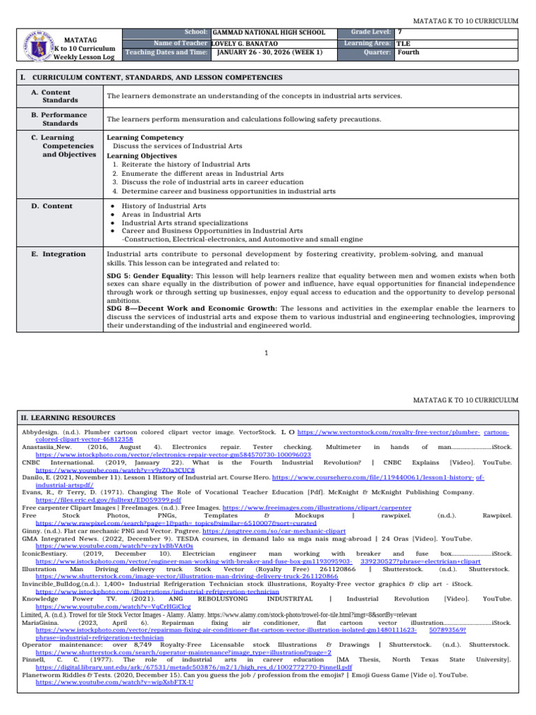 DTC - DLL Matatag - Tle 7 q4 w1 | PDF | Carpentry | Electrician
