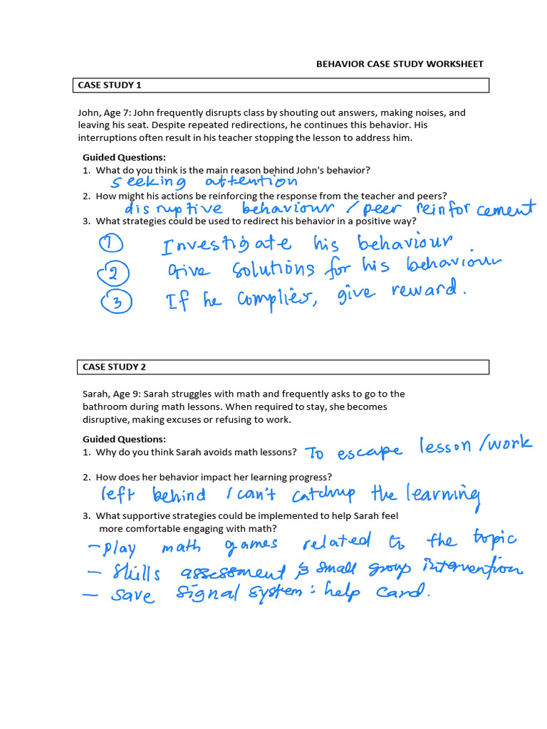 Behaviour Case Study Worksheet A | PDF | Classroom | Teachers