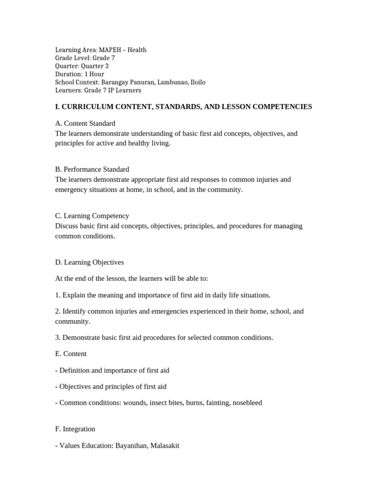 Grade 7 MATATAG First Aid Lesson Plan | PDF | Learning | First Aid