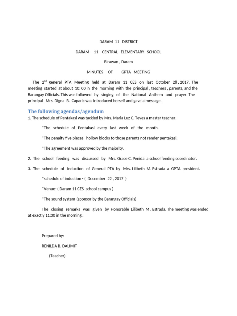 Minutes of GPTA Meeting | PDF
