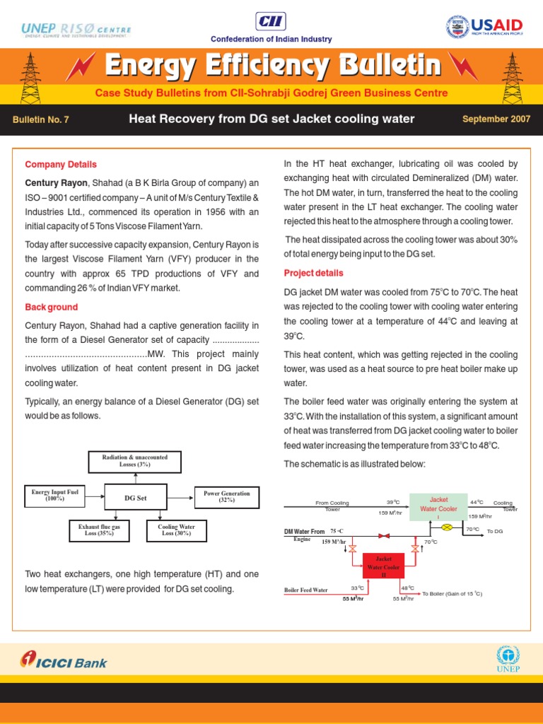 Bulletin 7 Heat Recovery From DG Set Jacket Cooling Water PDF Boiler Efficient Energy Use