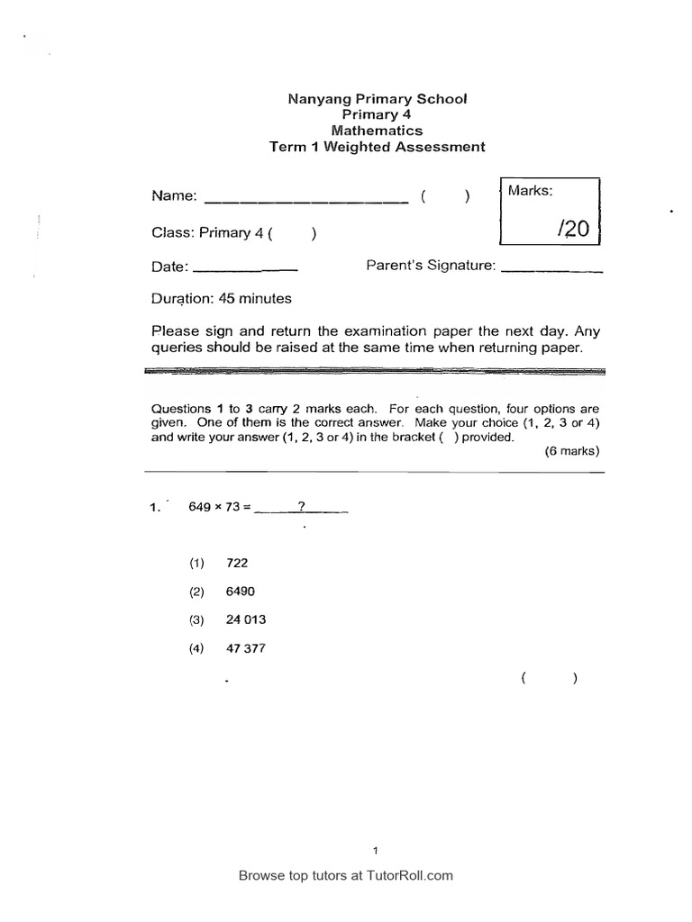 2023 P4 Maths WA1 and WA2 Nanyang With Answer - TutorRoll | PDF