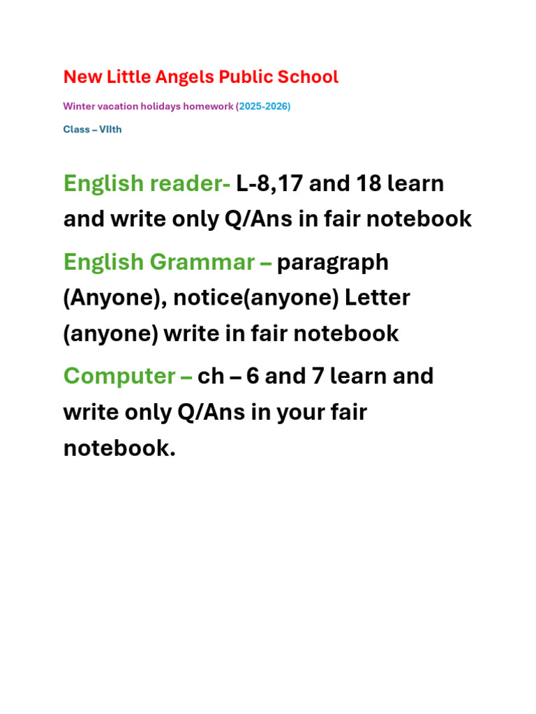 Class Winter Vacation Holidays Homework | PDF