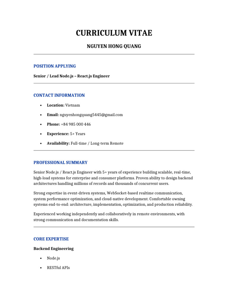CV Nguyen Hong Quang Fullstack | PDF | Scalability | Computing