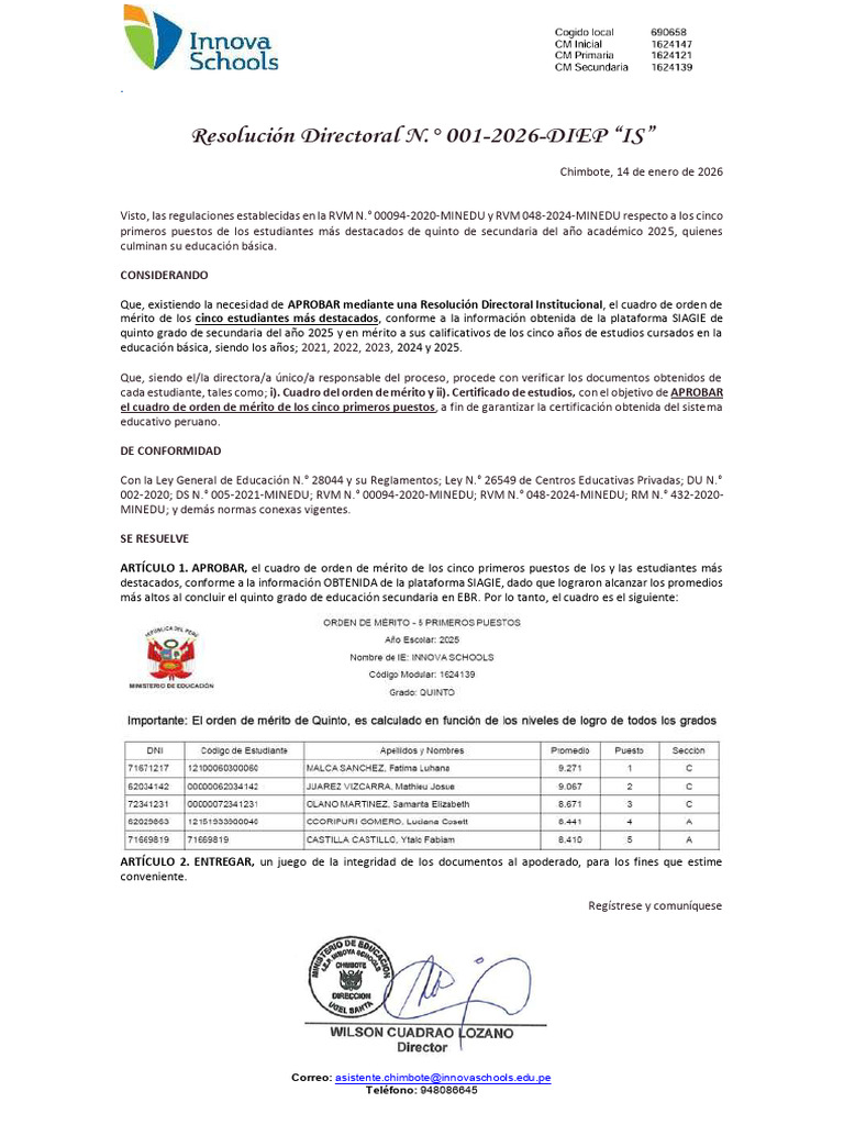 Resolución Directoral Que Aprueba Los Primeros Puestos. | PDF