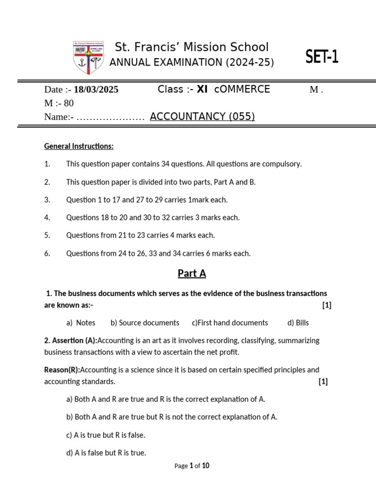 Accountancy Class 11 Set 1 Modified | PDF | Debits And Credits | Expense