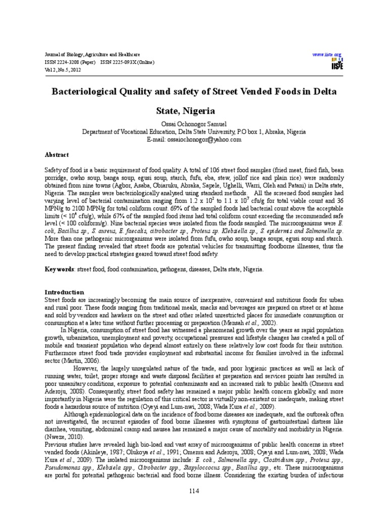 Bacteriological Quality and Safety of Street Vended Foods in Delta