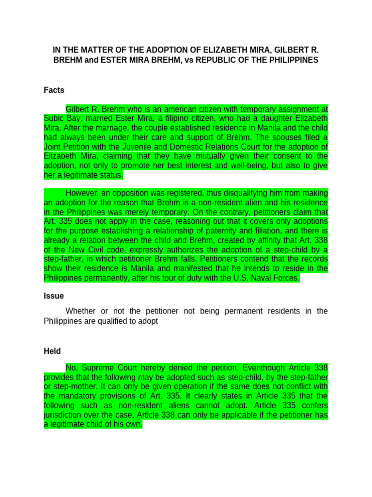 In the Matter of the Adoption of Elizabeth Mira, Gilbert r. Brehm and ...