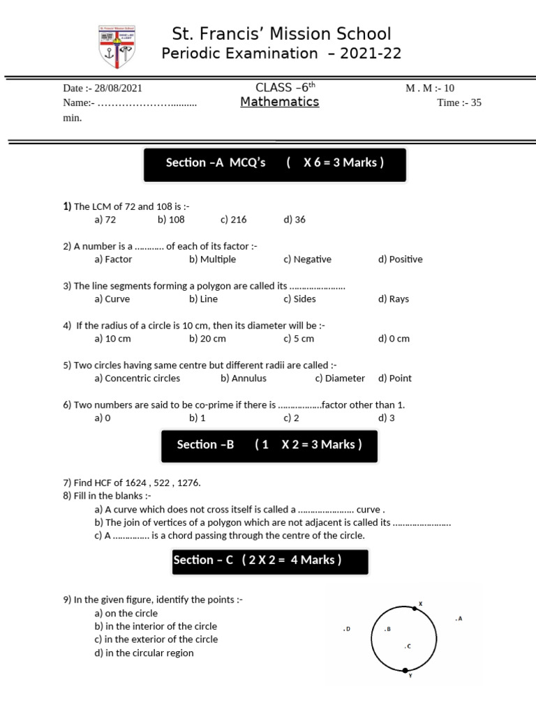 Class VI Mathematics Periodic Test | PDF