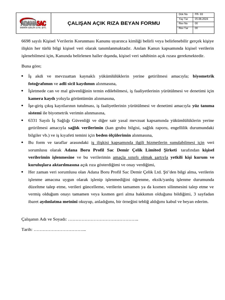 Fr-93 Çalişan Açik Riza Beyan Formu | PDF