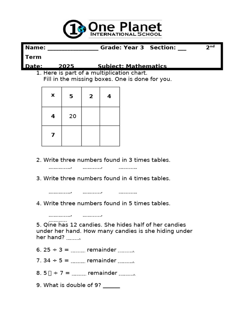 Year 3 Term 2 Math Break Assignment | PDF