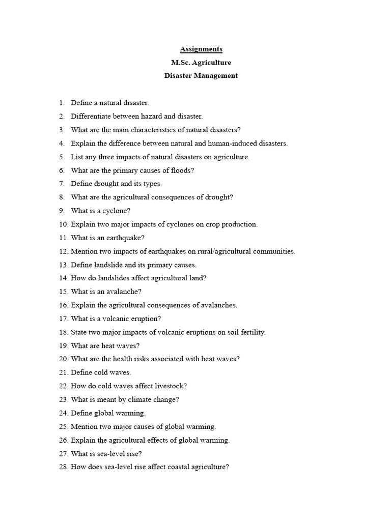Short Questions Disaster Management | PDF | Agriculture | Natural Disasters