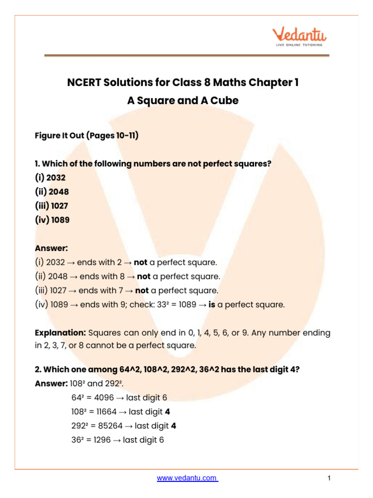 NCERT Solutions For Class 8 Maths Chapter 1 - A Square and A Cube | PDF ...