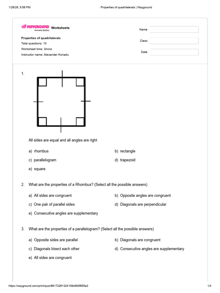 Properties of Quadrilaterals - Wayground 2 | PDF | Rectangle | Geometry