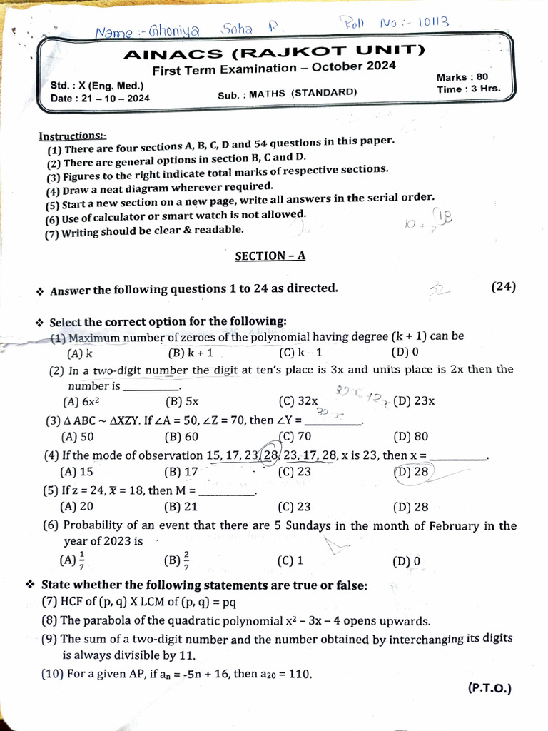 STD X Maths 2024 Standard | PDF | Polynomial | Quadratic Equation