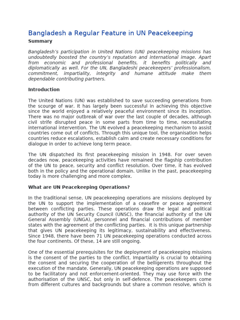 Bangladesh A Regular Feature in UN Peacekeeping | PDF | Peacekeeping ...