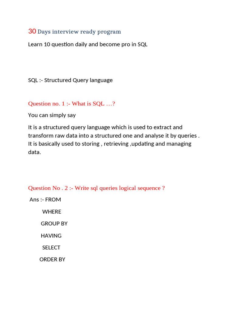 30 Days Interview Ready Program | PDF | Sql | Table (Database)